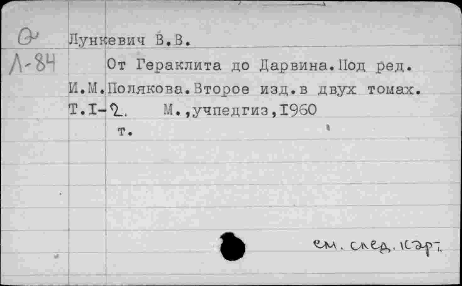 ﻿Лункевич В.В.
От Гераклита до Дарвина. Под ред.
И.М.Полякова.Второе изд.в двух томах.
М.,учпедгиз ,1960